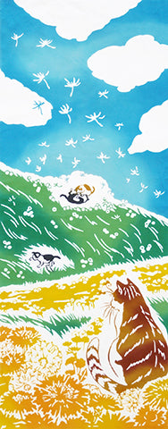 Tenugui - Dandelion and Cat