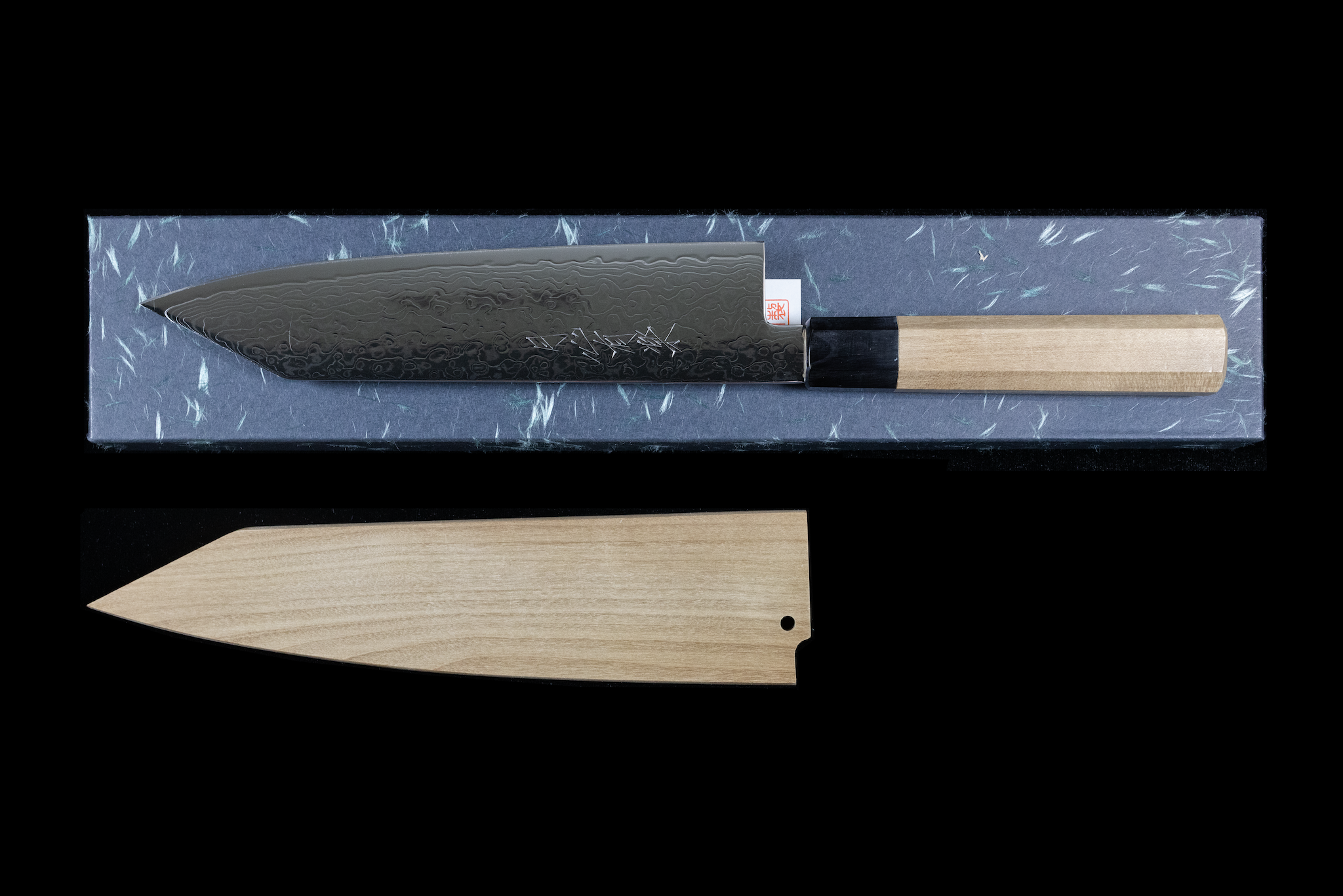 Gesshin Uraku 210mm Ginsanko Damascus Kiritsuke Wa-Gyuto