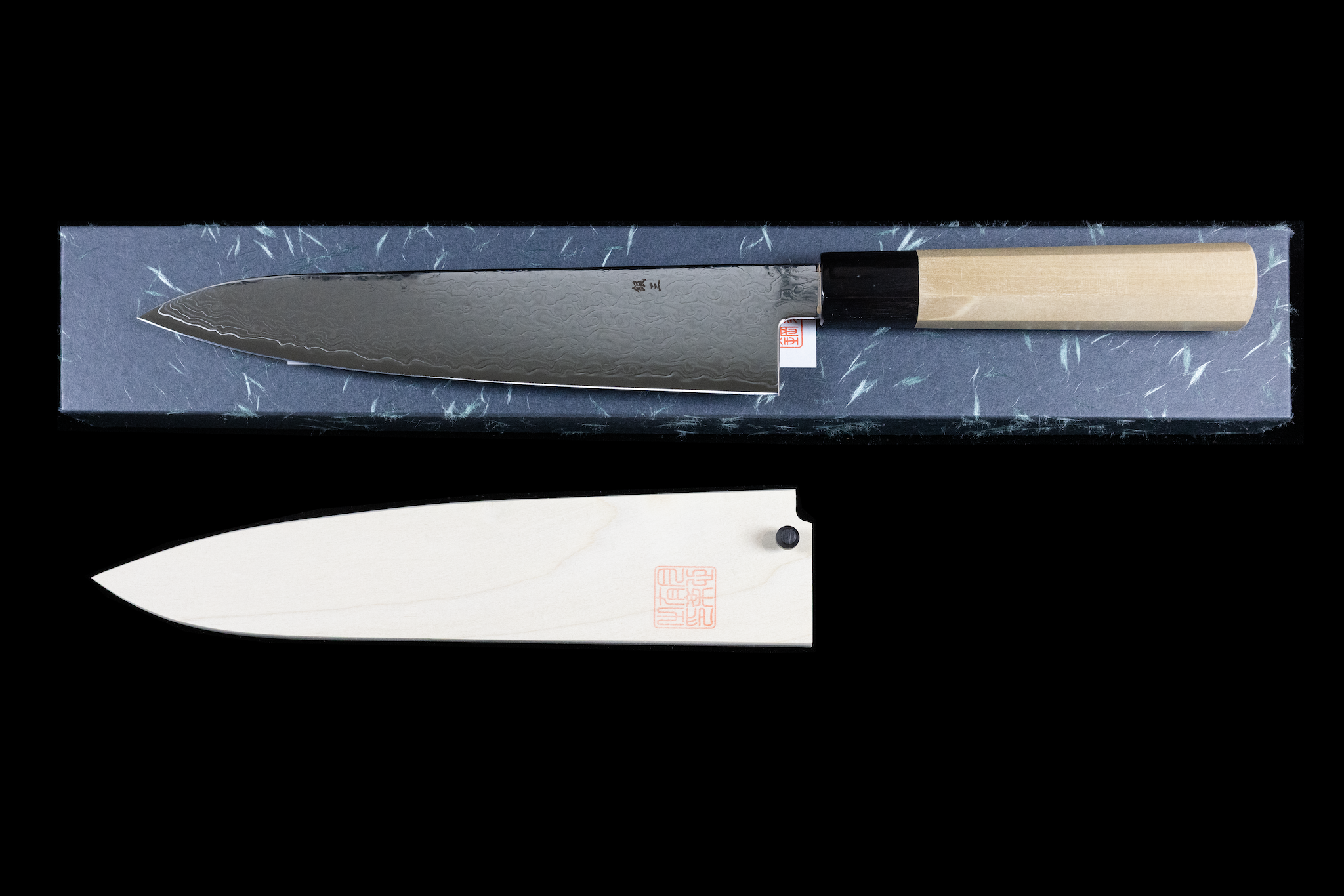 Gesshin Uraku 210mm Ginsanko Damascus Kiritsuke Wa-Gyuto