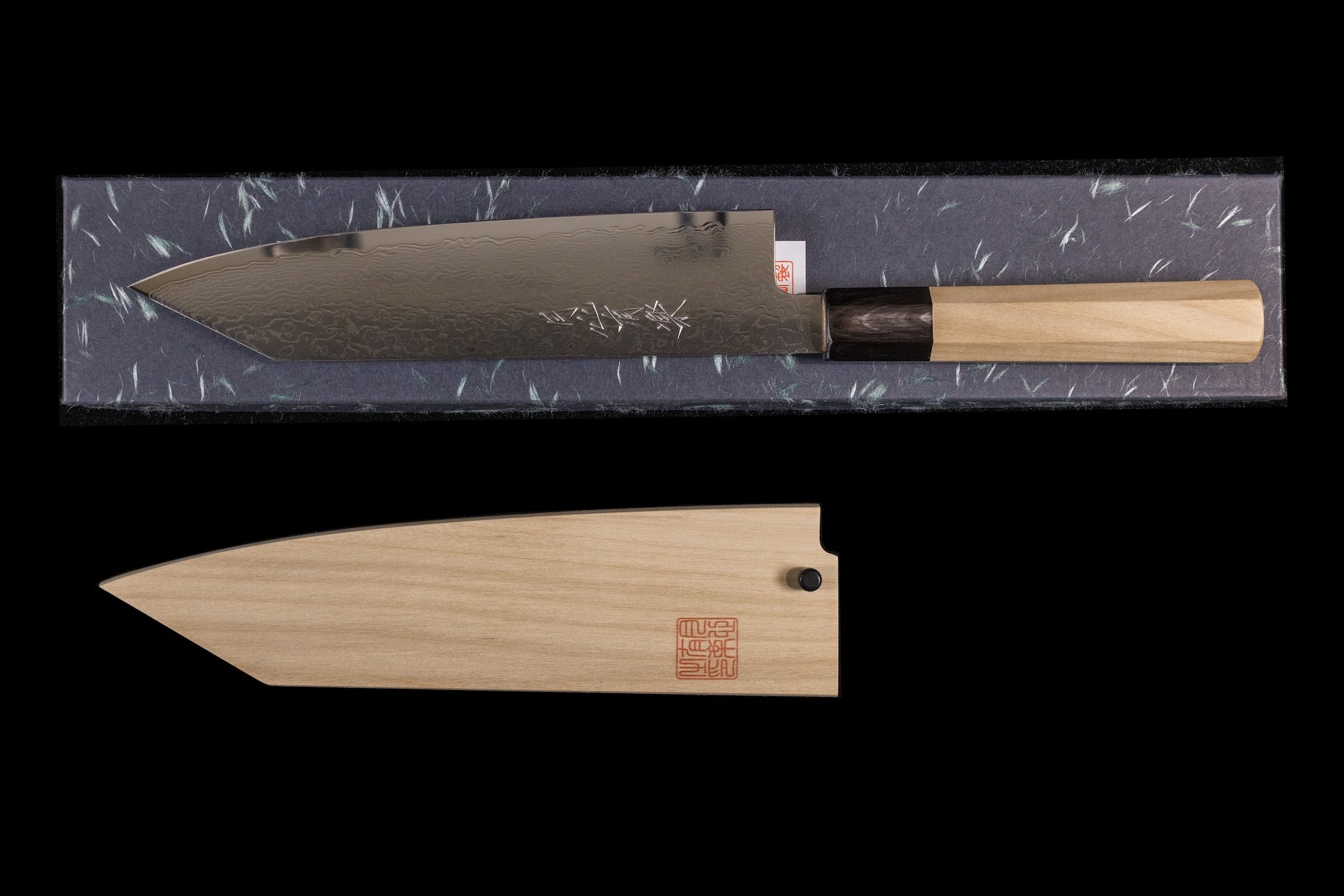 Gesshin Uraku 210mm Ginsanko Damascus Kiritsuke Wa-Gyuto
