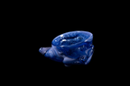 Handmade deep blue glass vessel with a rounded opening and flowing sculpted contours resembling a small sea creature against a black background