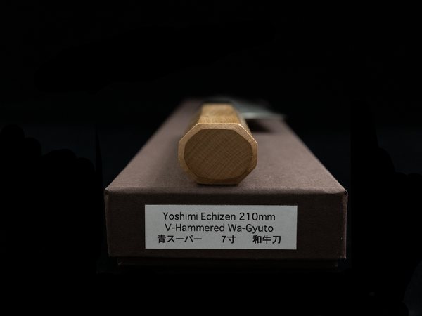 Yoshimi Echizen 210mm Stainless Clad Blue Super V-Hammered Kiritsuke Wa-Gyuto