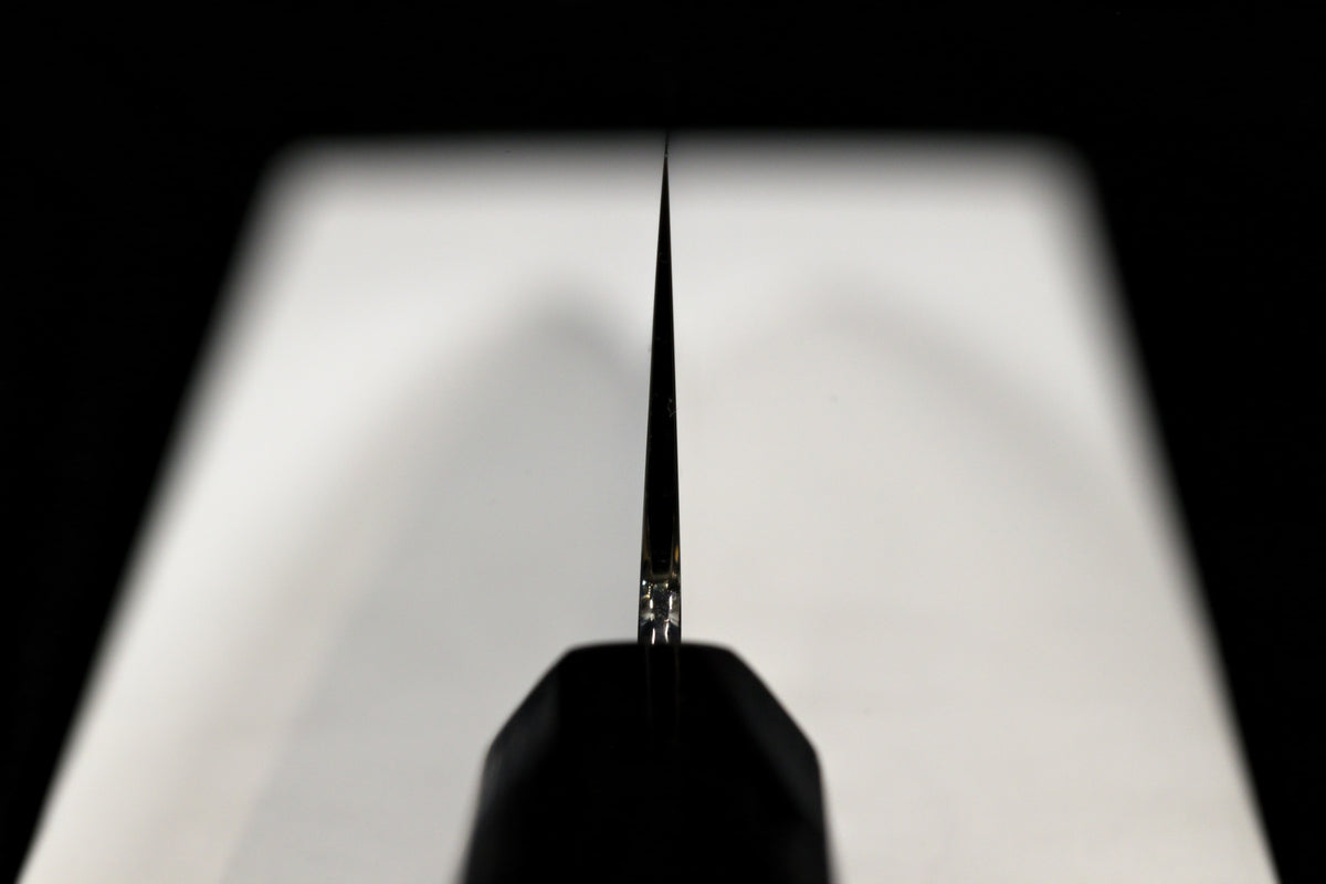 Choil view of the Gesshin Uraku 210mm White #1 Mizu Honyaki Wa-Gyuto showing blade thinness and taper toward the tip