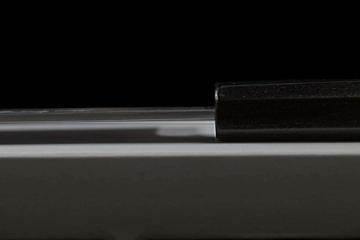Spine of the Gesshin Kagekiyo 210mm Blue #1 Kiritsuke Wa-Gyuto where the blade meets the black octagonal handle