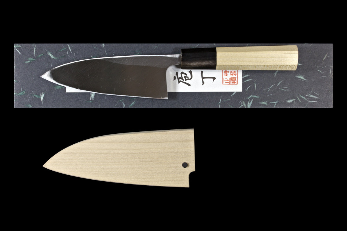 Gesshin Uraku 120mm White #2 Deba, back side, shown on its box with wooden saya below