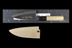 Gesshin Uraku 120mm White #2 Deba, front side with engraved maker's mark, shown on its box with matching wooden saya below