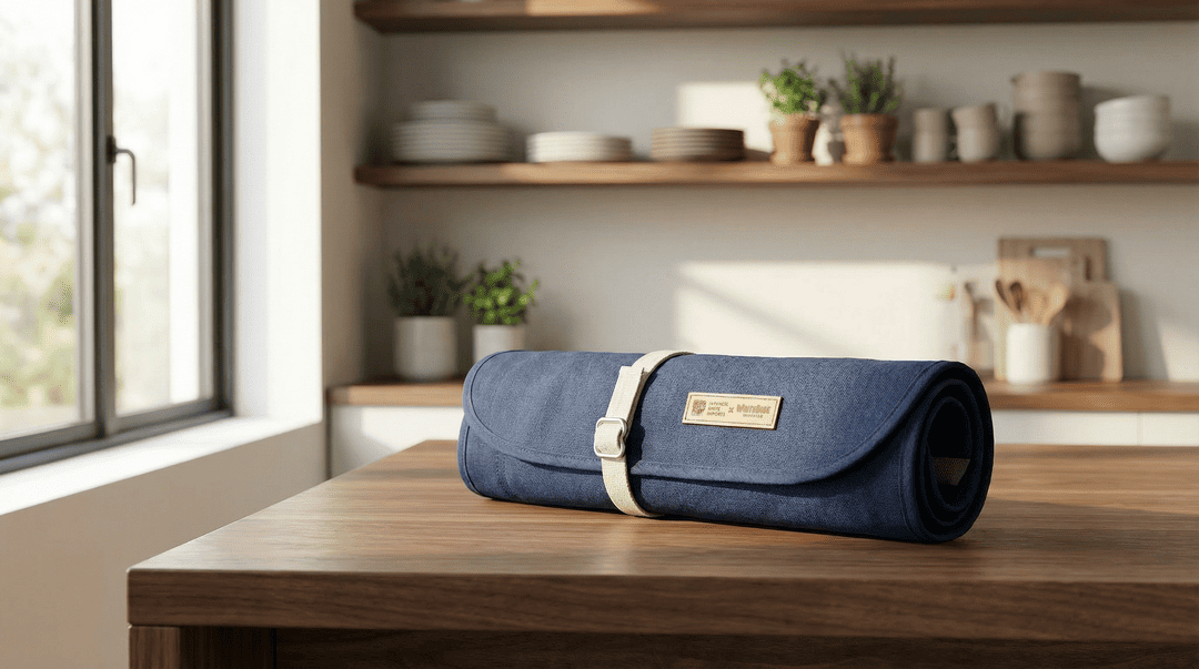 Blue roll-up mat on a wooden table in a kitchen setting