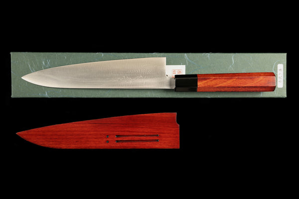 Gesshin Uraku 210mm Stainless Wa-Gyuto with Red Lacquerware Handle and Saya