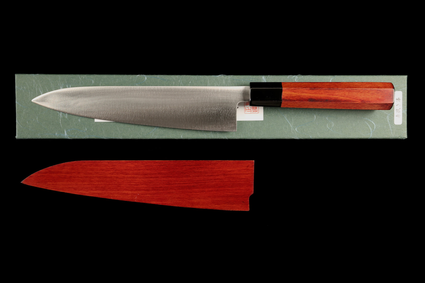Gesshin Uraku 210mm Stainless Wa-Gyuto with Red Lacquerware Handle and Saya