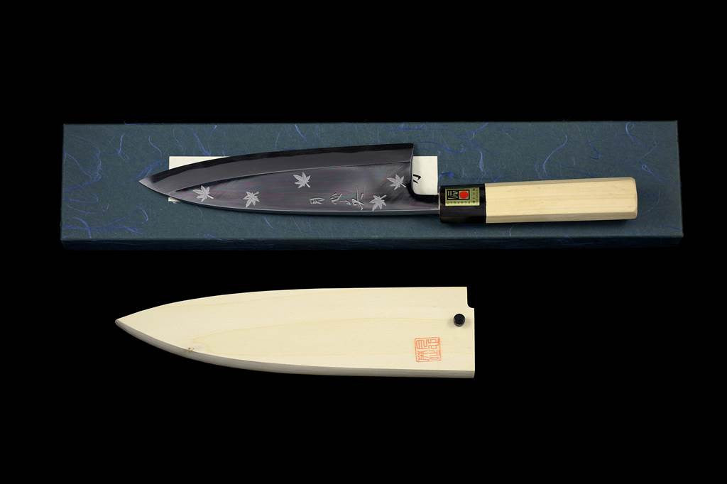 Gesshin Hide 195mm Blue #1 Hon-Kasumi Deba with Engraved Momiji (Japanese Maple)